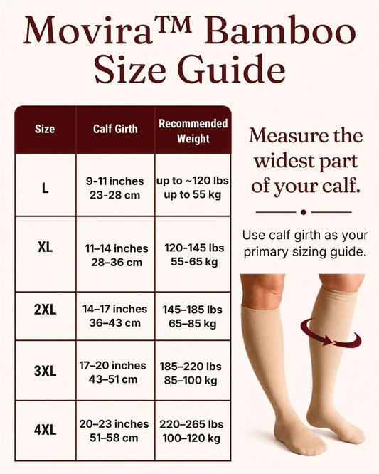 Movira compression socks size chart, sizes L to 4XL, fits calves up to 25 inches