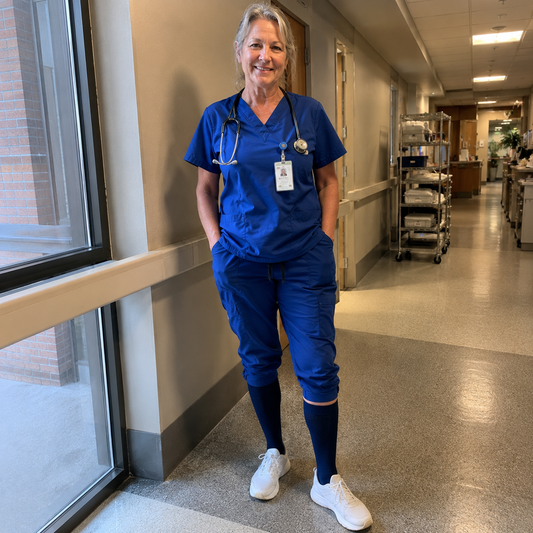 Nurse in blue scrubs wearing Movira bamboo compression socks on a long hospital shift