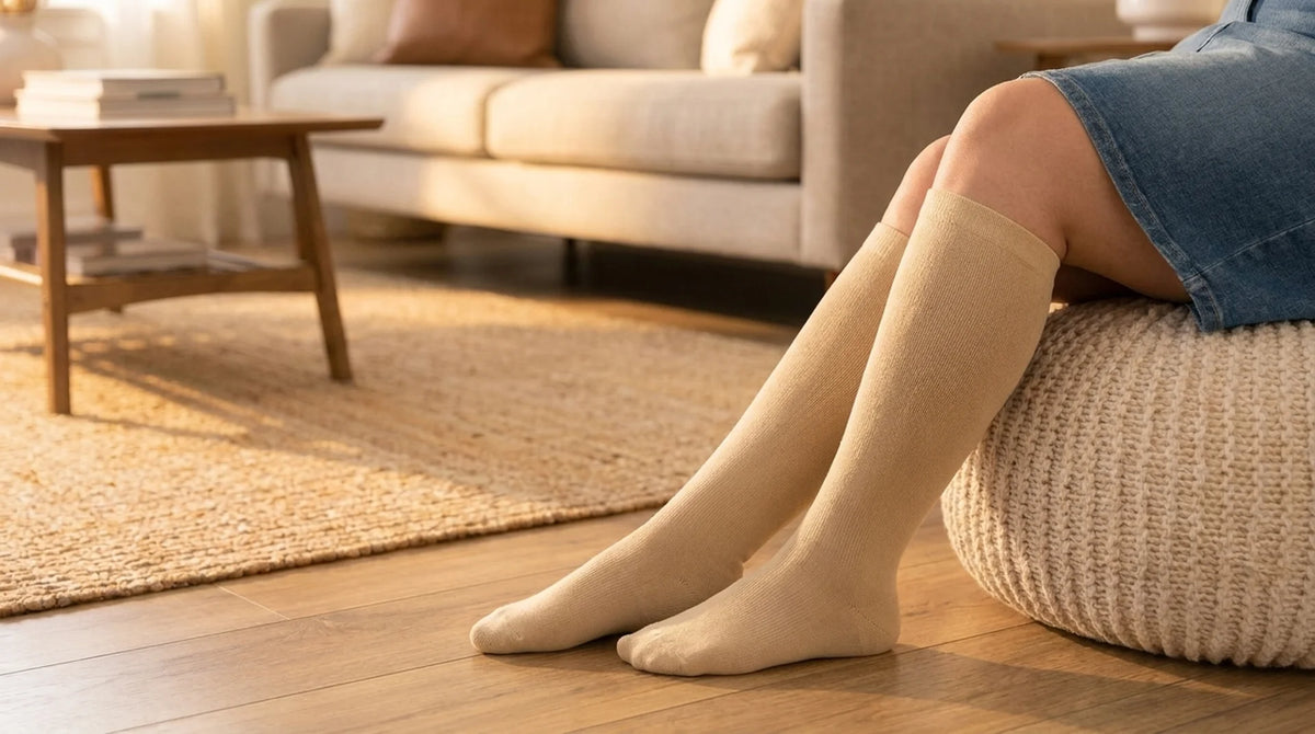 Woman relaxing at home wearing beige Movira bamboo wide-calf compression socks