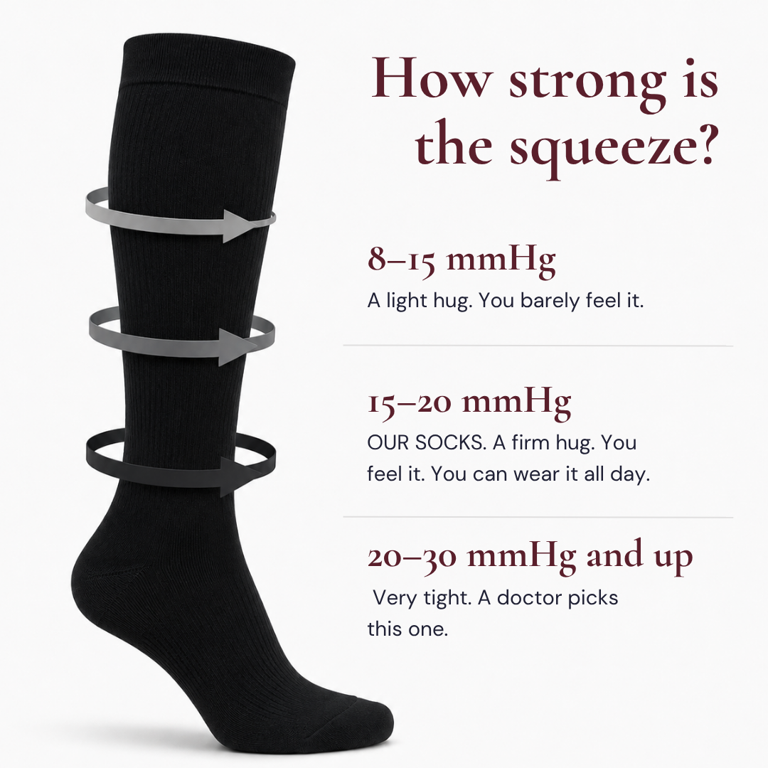 Black Movira bamboo wide-calf compression socks, side view on a woman's leg