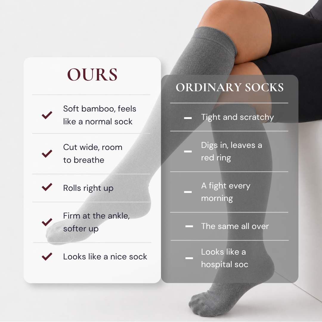 Grey Movira bamboo wide-calf compression socks worn on a woman's legs