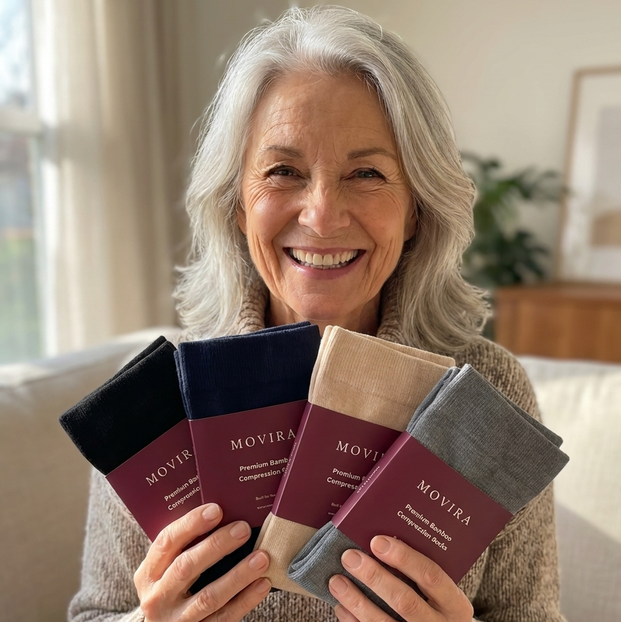 Woman holding a pair of Movira bamboo compression socks